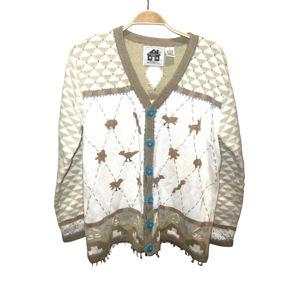 Storybook Knits Southwestern Animals Beige Beaded Snake Birds Cardigan Vintage S
